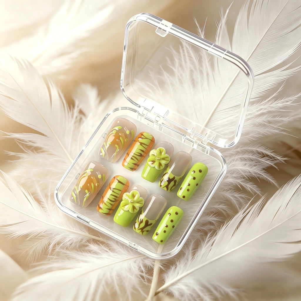 Handmade Lime Stripe Floral Square Press-On Nails