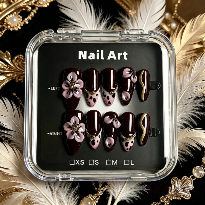 Handmade Burgundy 3D Floral Almond Press-On Nails