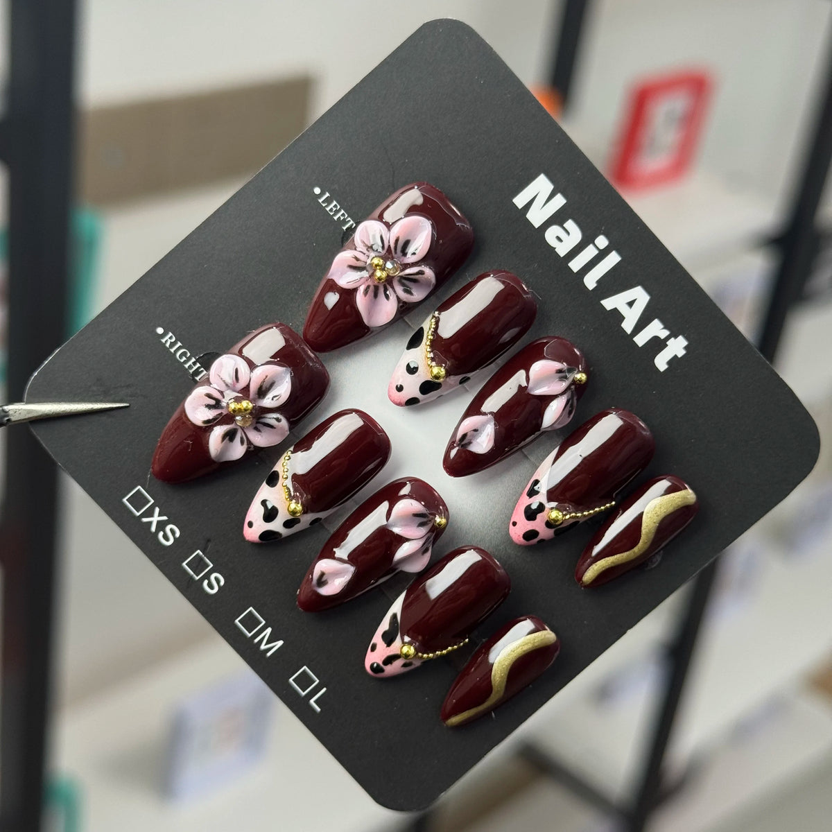 Handmade Blue Marble 3D Floral Coffin Press-On Nails