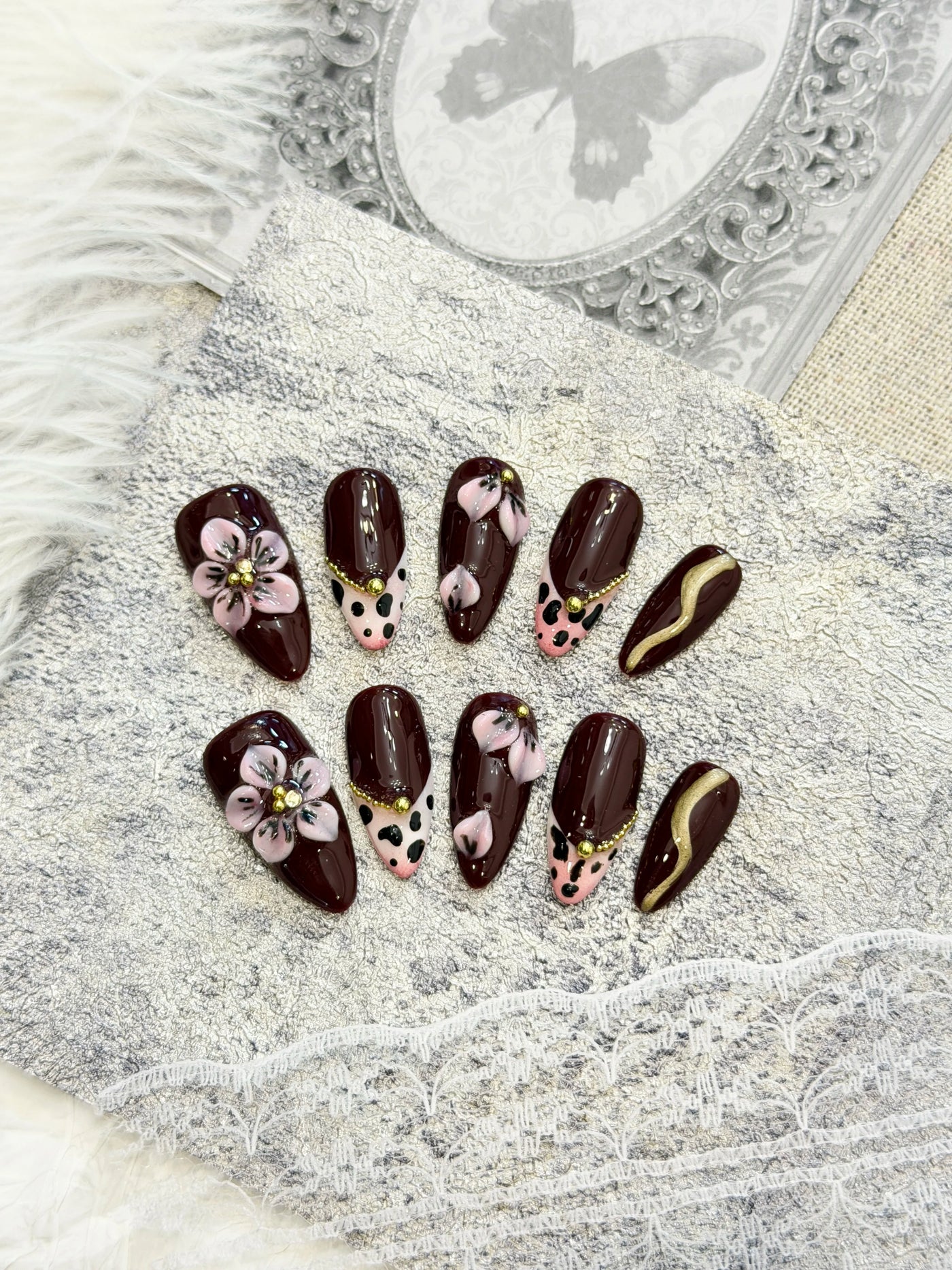 Burgundy 3D Floral Almond Press-On Nails – DDX-H030