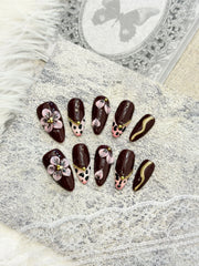 Burgundy 3D Floral Almond Press-On Nails – DDX-H030