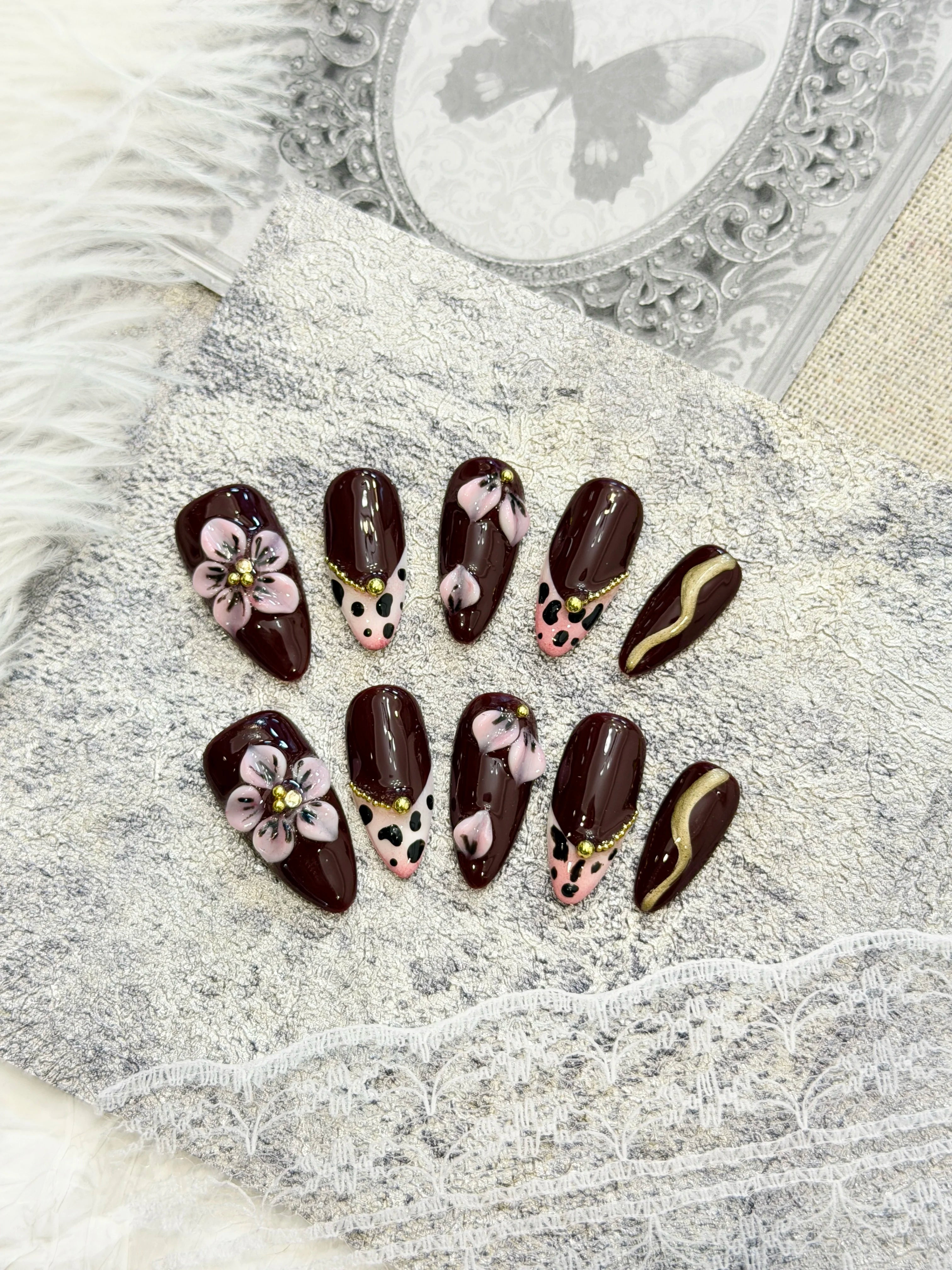 Burgundy 3D Floral Almond Press-On Nails – DDX-H030