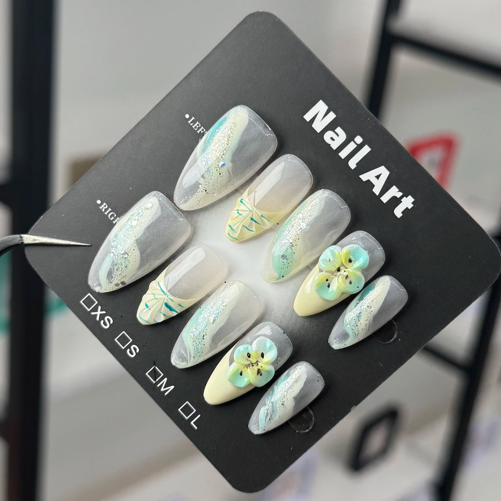Handmade Silver Mint 3D Floral Coffin Press-On Nails