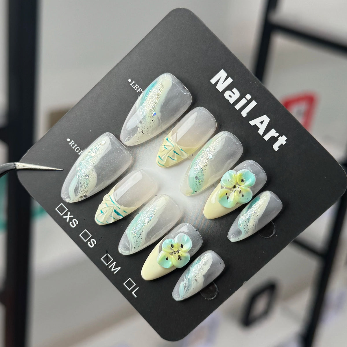 Handmade Silver Mint 3D Floral Coffin Press-On Nails