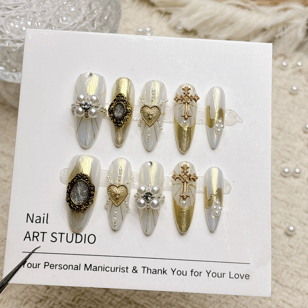 French gilt magic mirror powder handmade armor retro metal niche high-end wholesale medium and long pointed nail art