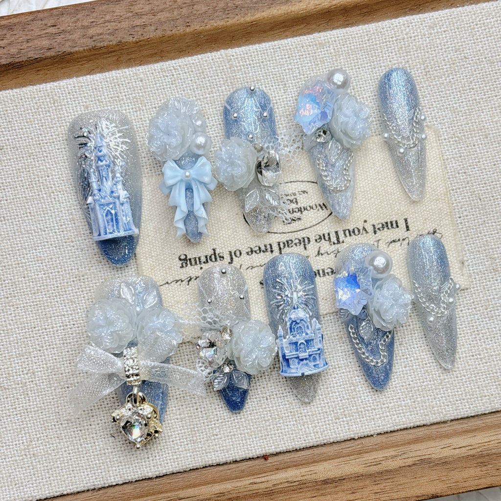 Blue Castle Autumn and Winter New Product Advanced Nail Art Heavy Industry White Pure Handmade Wearing Nail 2026 New Year Medium and Long