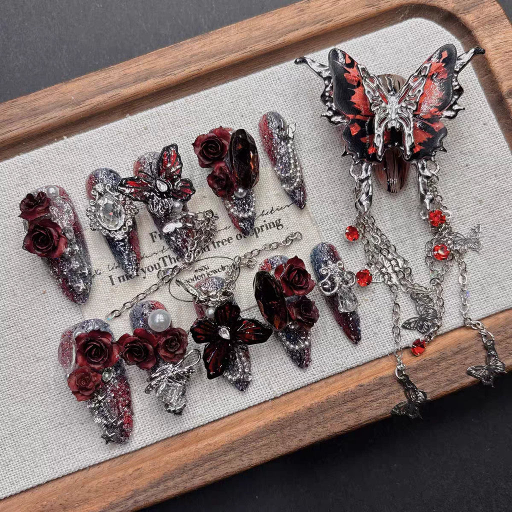 dark red gothic style pure handmade armor heavy industry high feeling cool manicure tassel 2026 medium and long