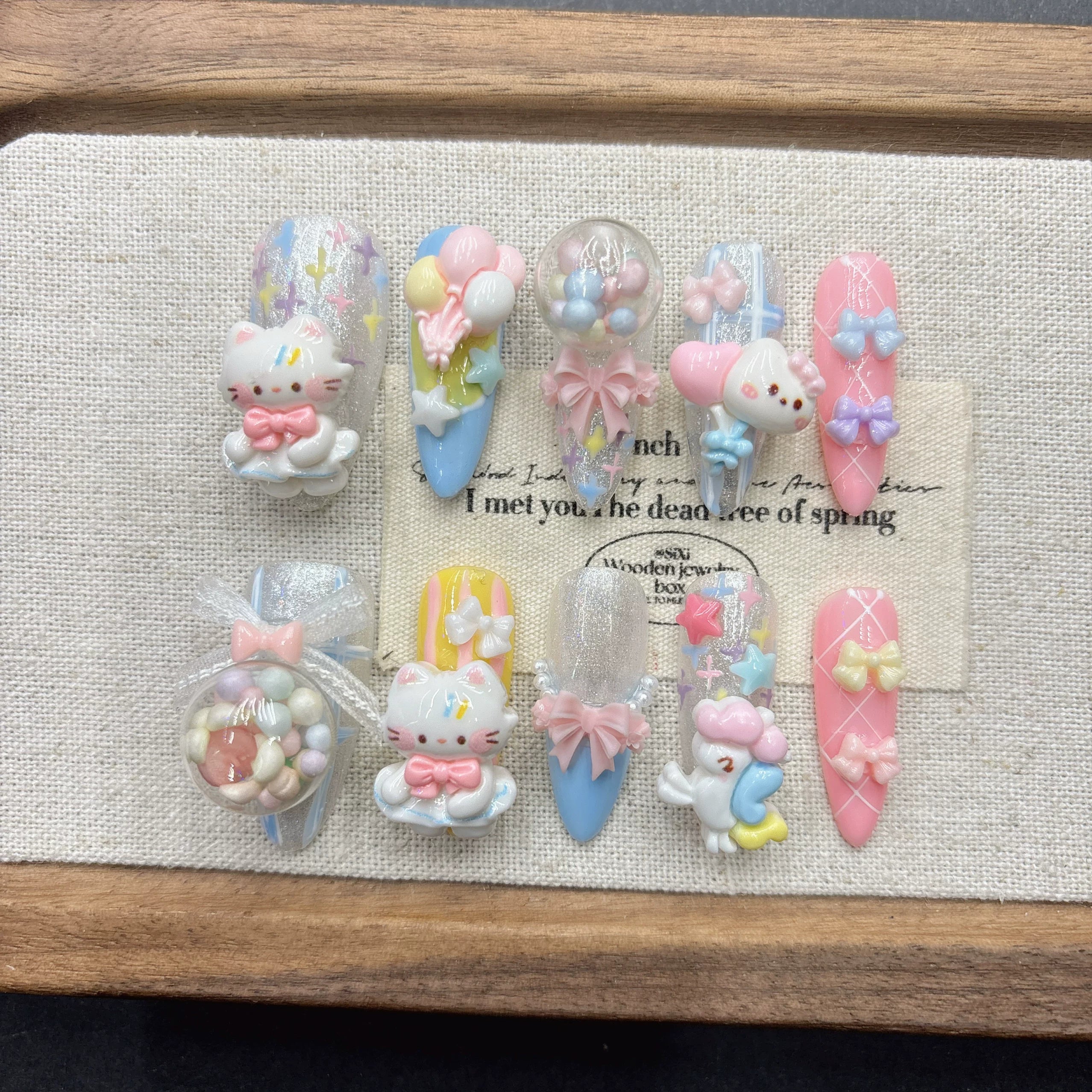 Dopamine color kitten cartoon handmade wearing armor cute white manicure 2025 new medium and long