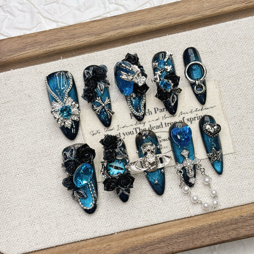 Blue Frozen Tassel Pure Handmade Nail Wear Cat's Eye Full Diamond Nail Art Heavy Industry 2026 New Medium and Long