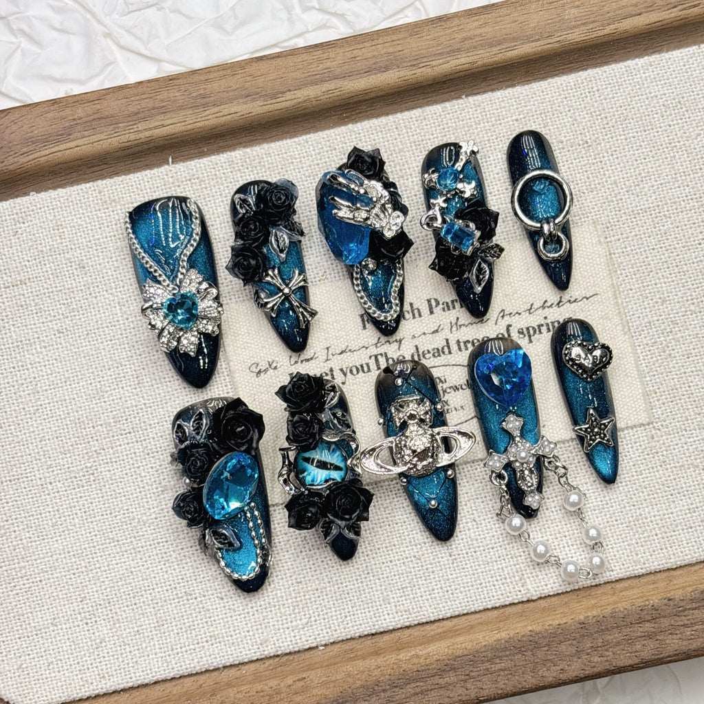 Handmade Ice Blue Cat-Eye Tassel Press-On Nails