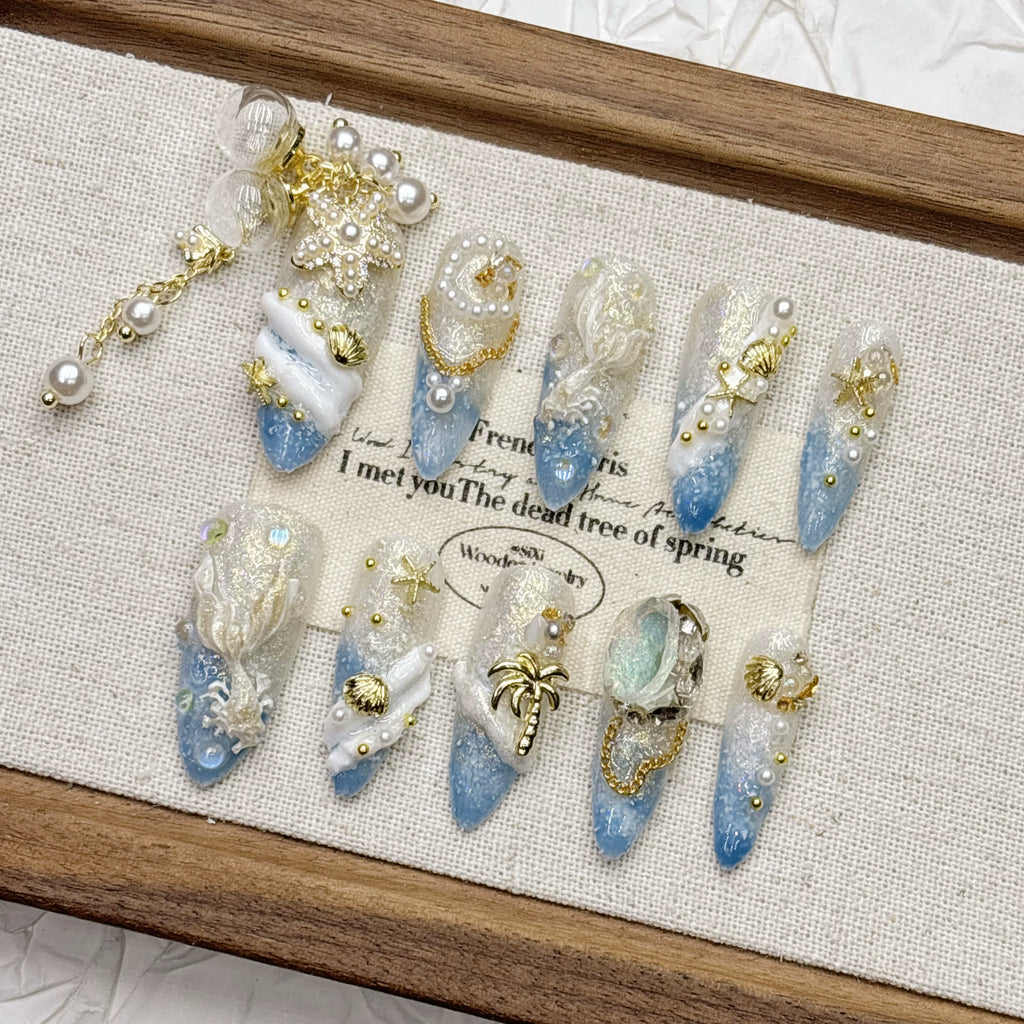 Blue Ocean Mermaid Tassel Press-On Nails