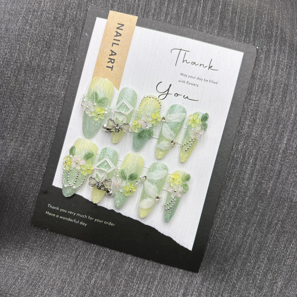 纯手工穿戴甲橄榄绿色相框渐变美甲成品贴片高级感假指甲短中长款