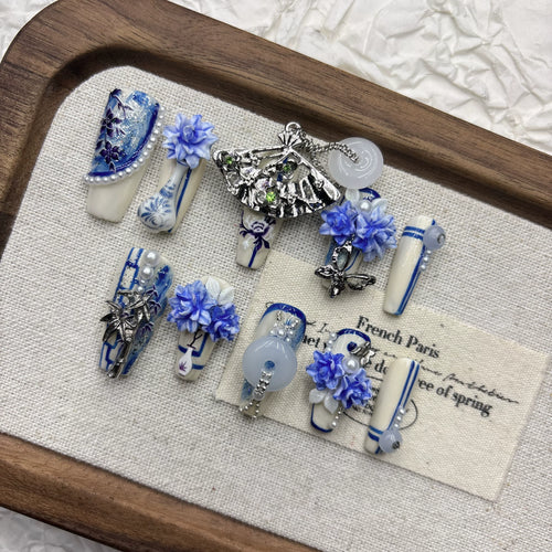 Blue White Porcelain 3D Press-On Nails