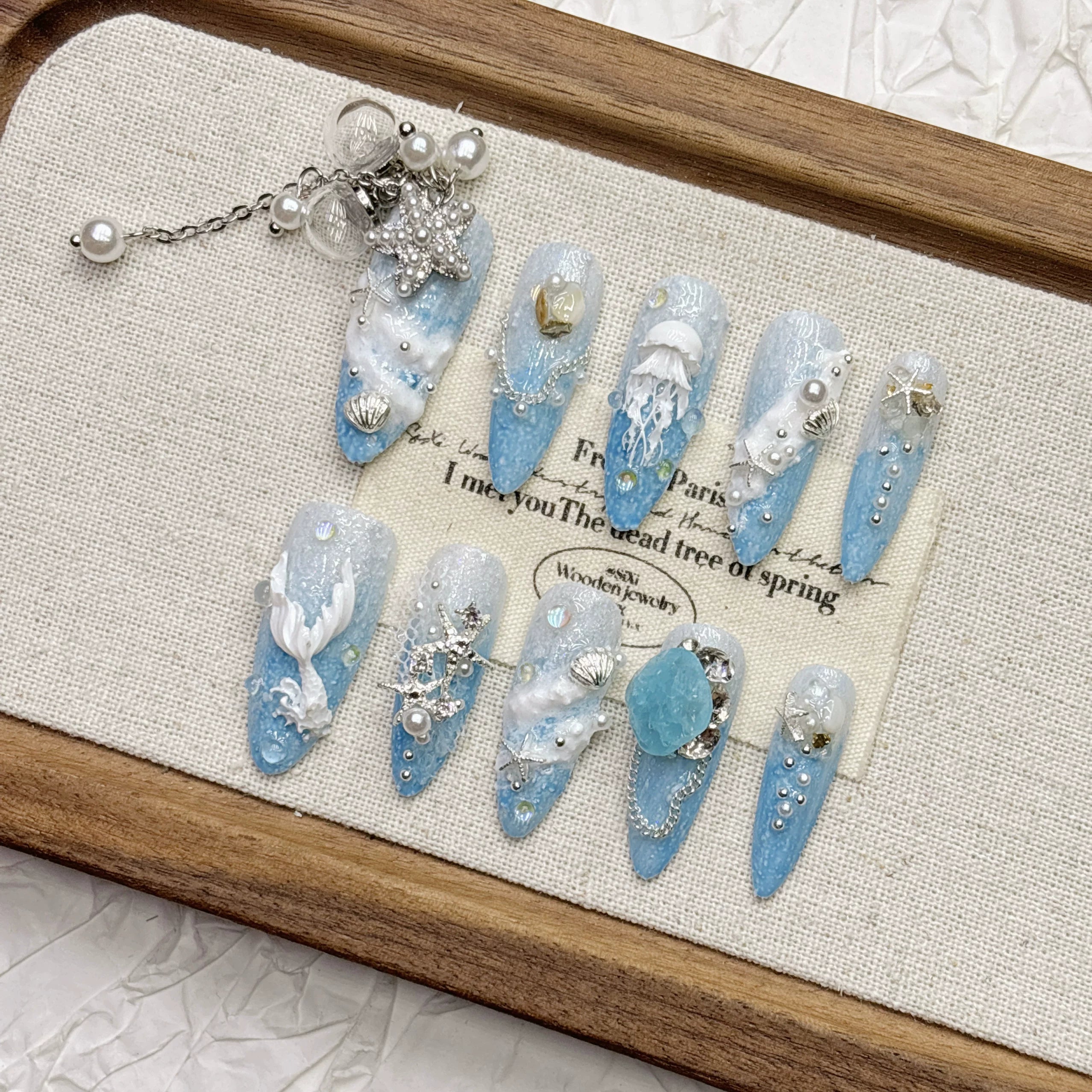 Blue Ocean Tassel Dream Jellyfish Beauty Female Tail Handmade Nail Wear Rich Family Thousand Gold Nail Art Medium and Long