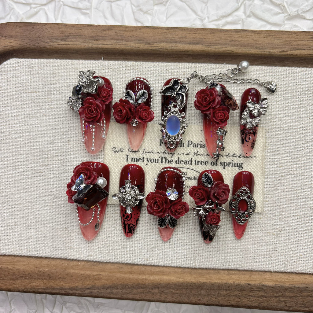 Dark red rose pure hand-worn nail, high-end feeling, cool and handsome nail art 2026 New Year's new product medium and long pointed model