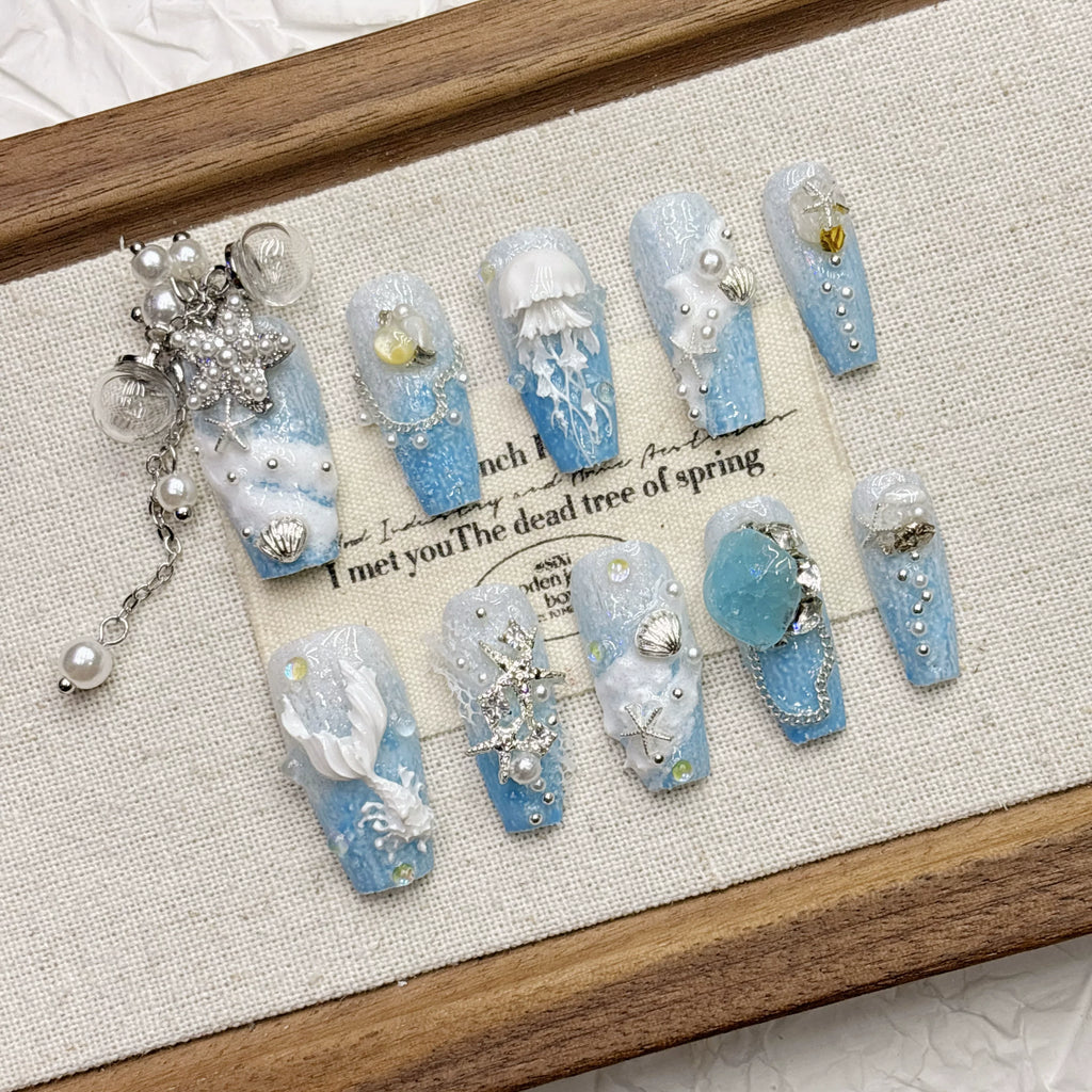 Blue Ocean Tassel Dream Jellyfish Beauty Female Tail Handmade Nail Wear Rich Family Thousand Gold Nail Art Medium and Long