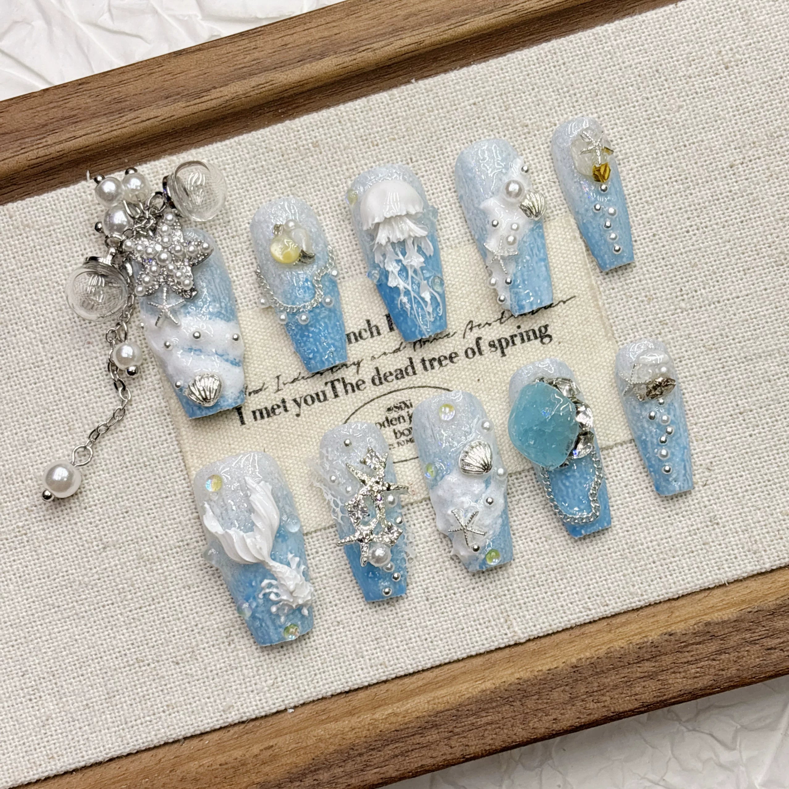 Blue Ocean Tassel Dream Jellyfish Beauty Female Tail Handmade Nail Wear Rich Family Thousand Gold Nail Art Medium and Long