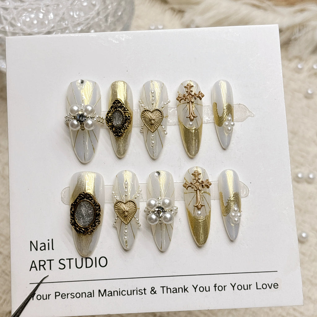 French gilt magic mirror powder handmade armor retro metal niche high-end wholesale medium and long pointed nail art