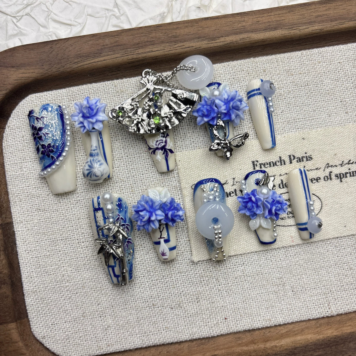 Blue White Porcelain 3D Press-On Nails