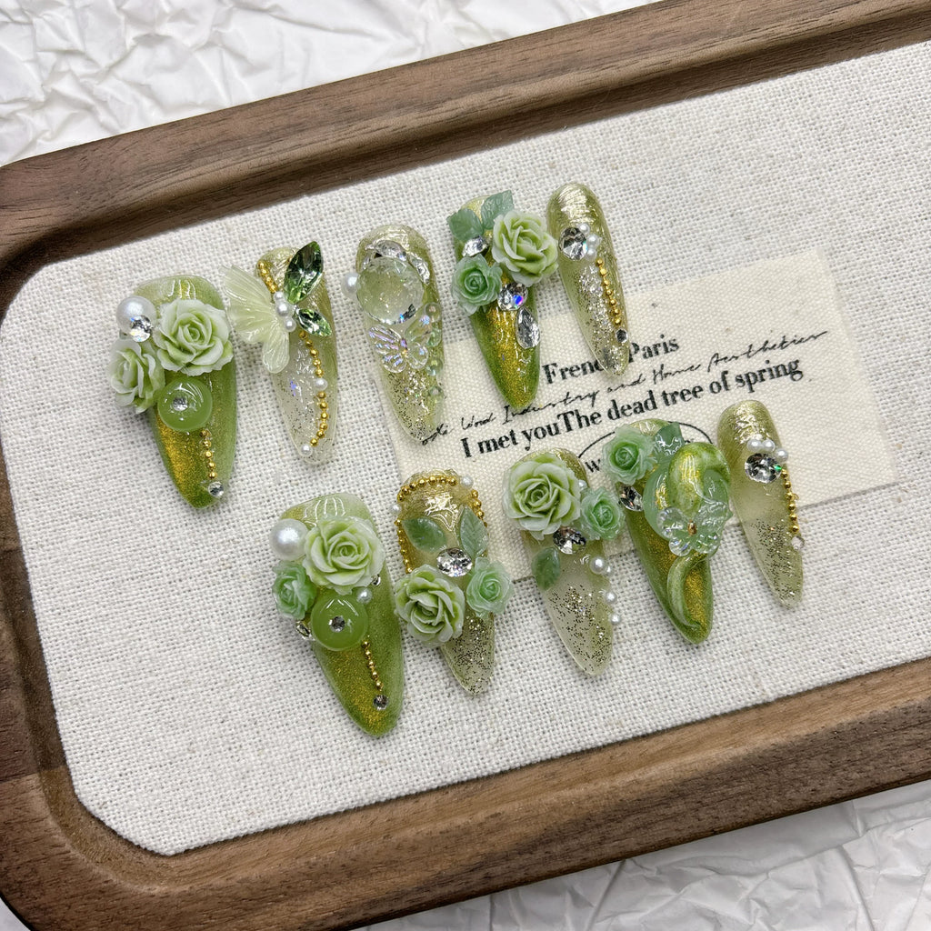 Handmade Lime Green 3D Rose Press-On Nails