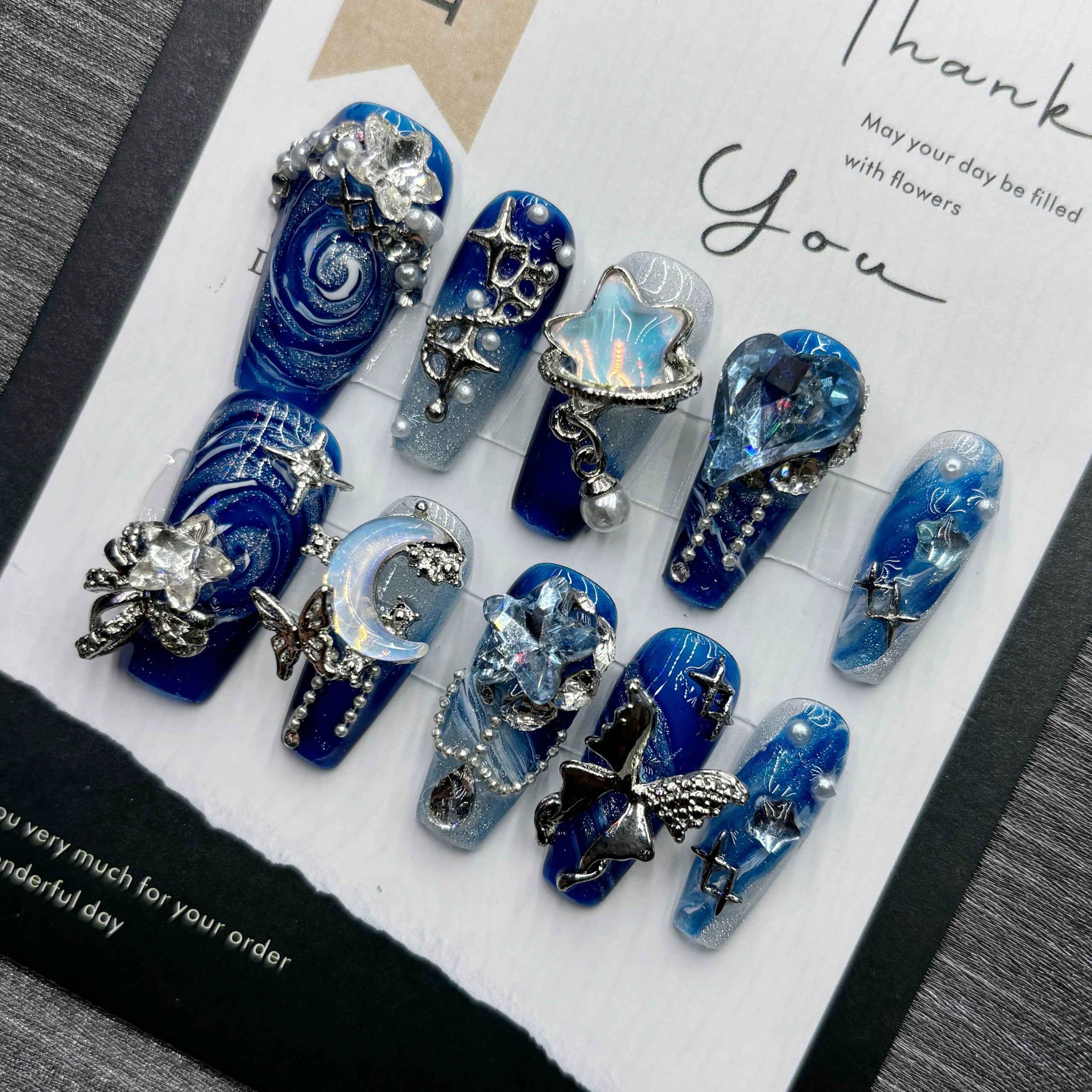Blue Fantasy Starry Sky Handmade Wearing Armor Advanced Sense Heavy Industry European and American Style Light Luxury Fashion Art Beautiful Medium and Long