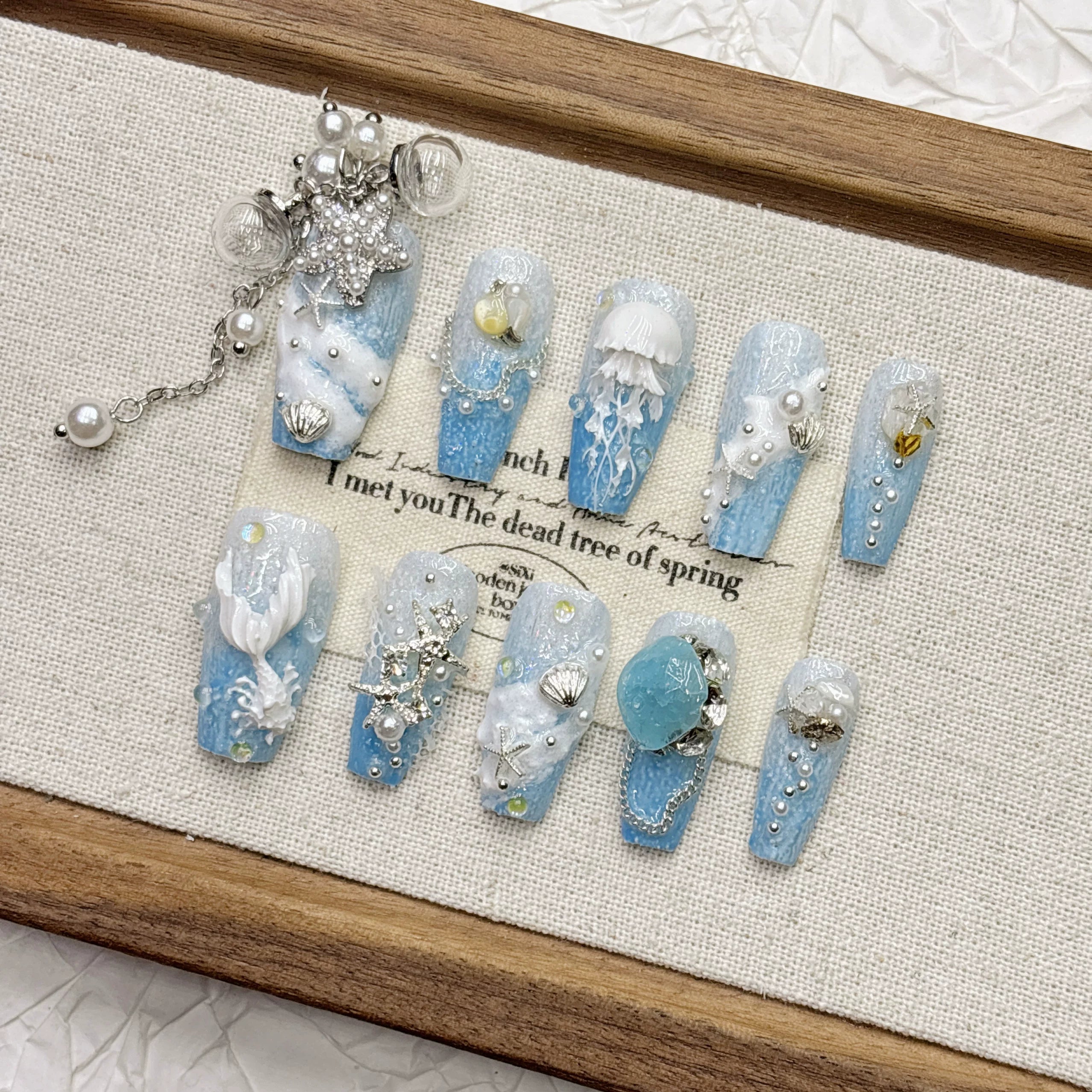 Blue Ocean Tassel Dream Jellyfish Beauty Female Tail Handmade Nail Wear Rich Family Thousand Gold Nail Art Medium and Long