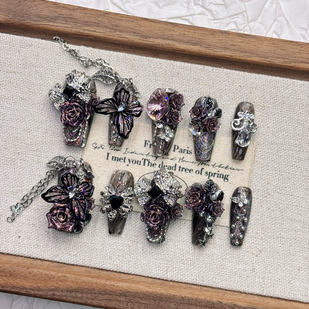 Handmade Black Butterfly Gothic Tassel Press-On Nails