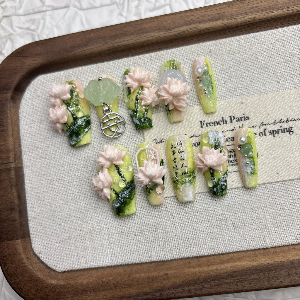 Spring green lotus manicure, pure hand-worn armor, national style relief three-dimensional light luxury 2026 new medium and long models