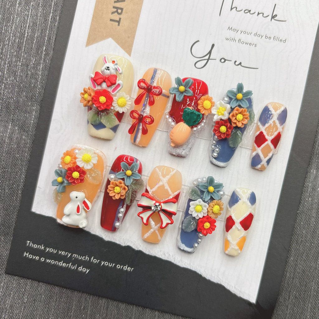 Handmade Colorful Bunny Carrot Press-On Nails