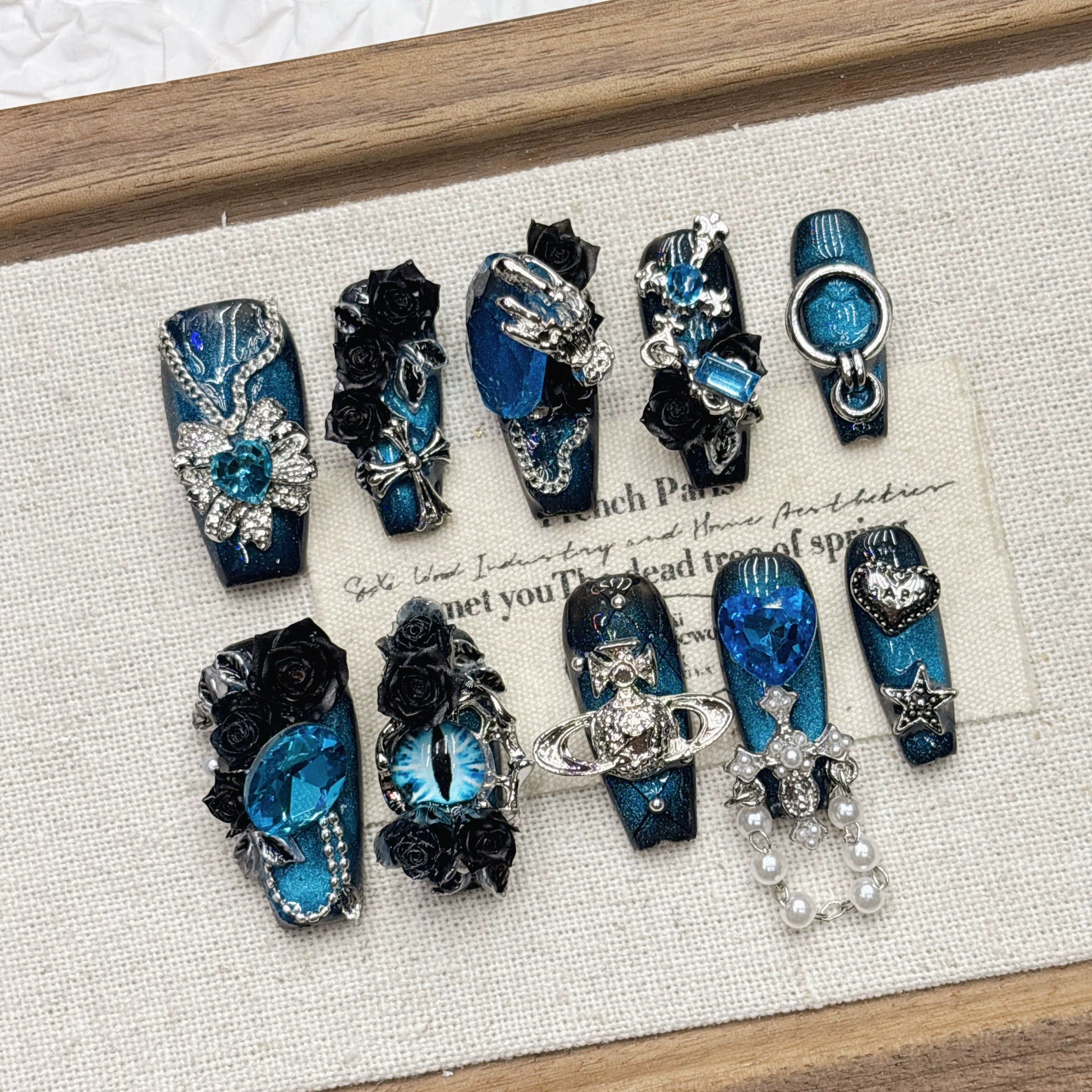 Blue Frozen Tassel Pure Handmade Nail Wear Cat's Eye Full Diamond Nail Art Heavy Industry 2026 New Medium and Long