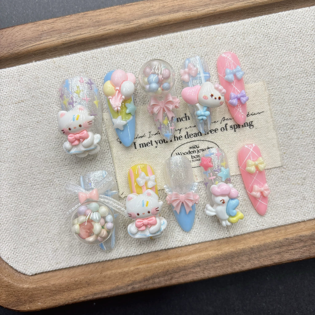 Dopamine color kitten cartoon handmade wearing armor cute white manicure 2025 new medium and long