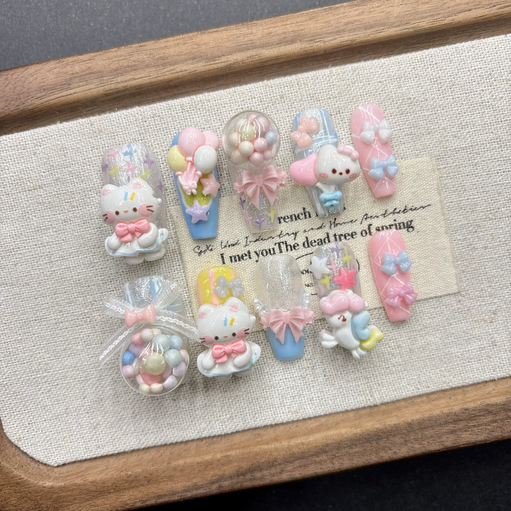 Dopamine color kitten cartoon handmade wearing armor cute white manicure 2025 new medium and long