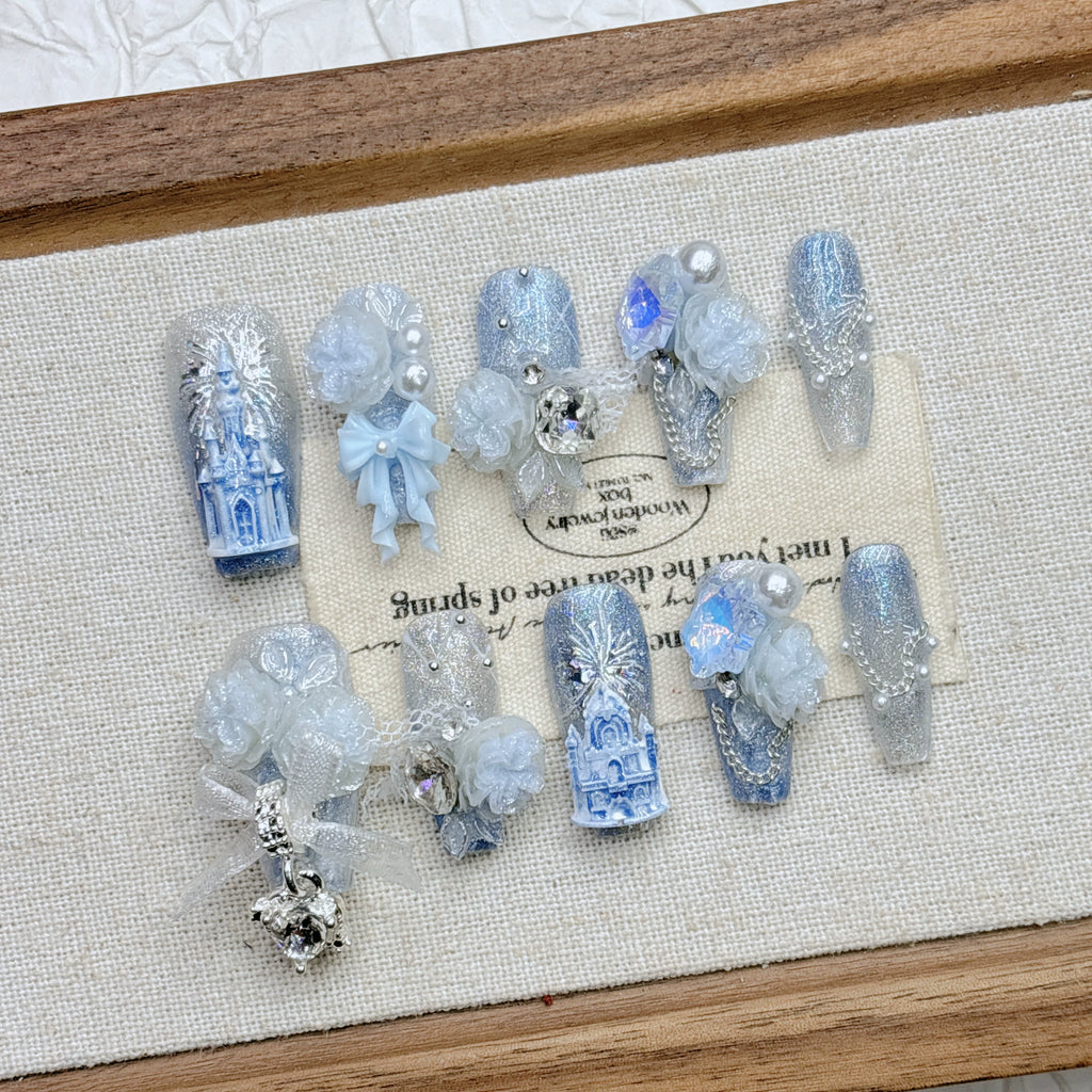 Blue Castle Autumn and Winter New Product Advanced Nail Art Heavy Industry White Pure Handmade Wearing Nail 2026 New Year Medium and Long