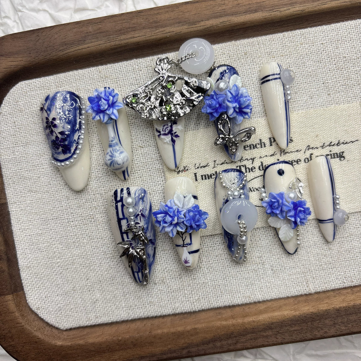 Blue White Porcelain 3D Press-On Nails