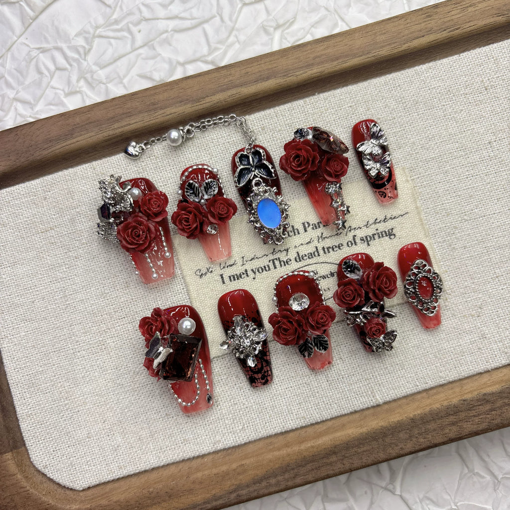 Dark red rose pure hand-worn nail, high-end feeling, cool and handsome nail art 2026 New Year's new product medium and long pointed model