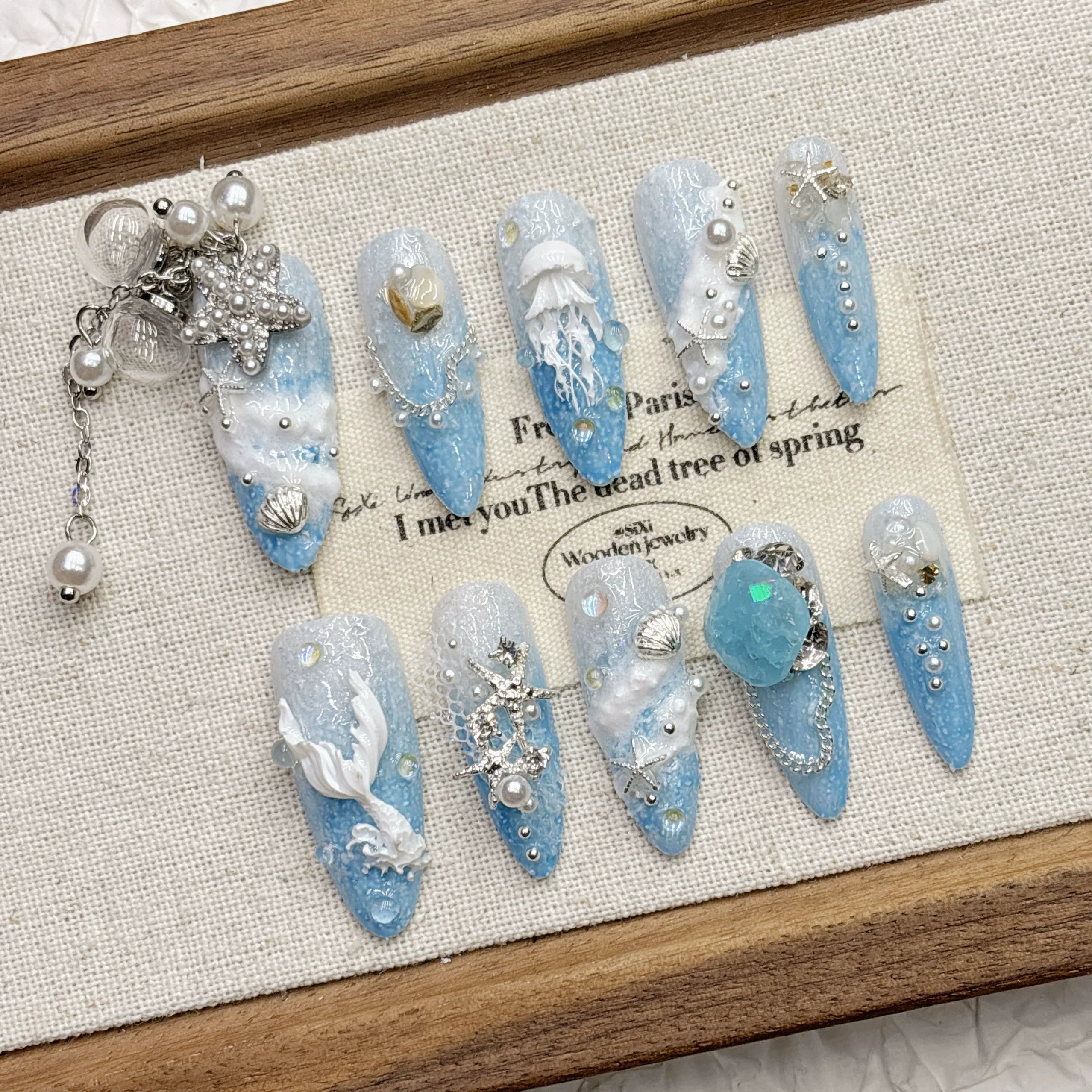 Blue Ocean Tassel Dream Jellyfish Beauty Female Tail Handmade Nail Wear Rich Family Thousand Gold Nail Art Medium and Long