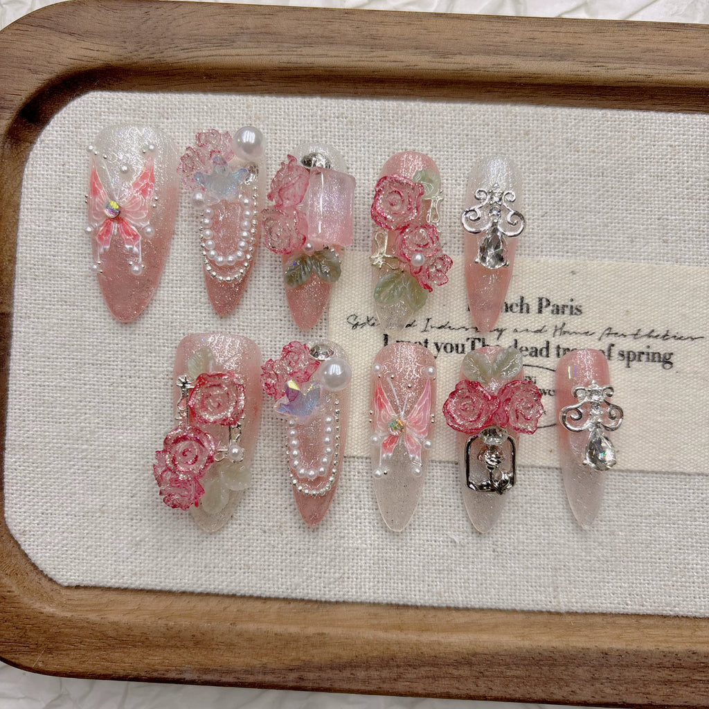 Pink butterfly handmade armor French gentle high-end niche white 2026 new medium and long models