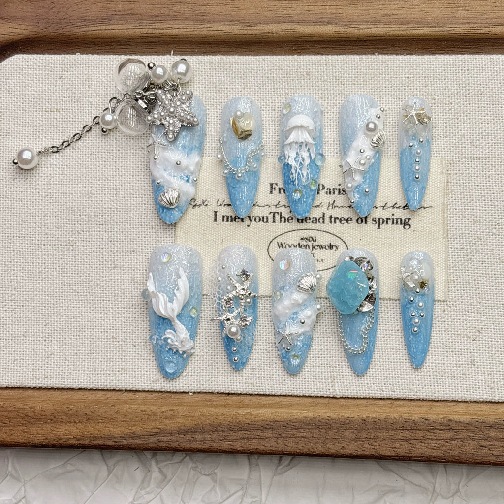 Blue Ocean Tassel Dream Jellyfish Beauty Female Tail Handmade Nail Wear Rich Family Thousand Gold Nail Art Medium and Long