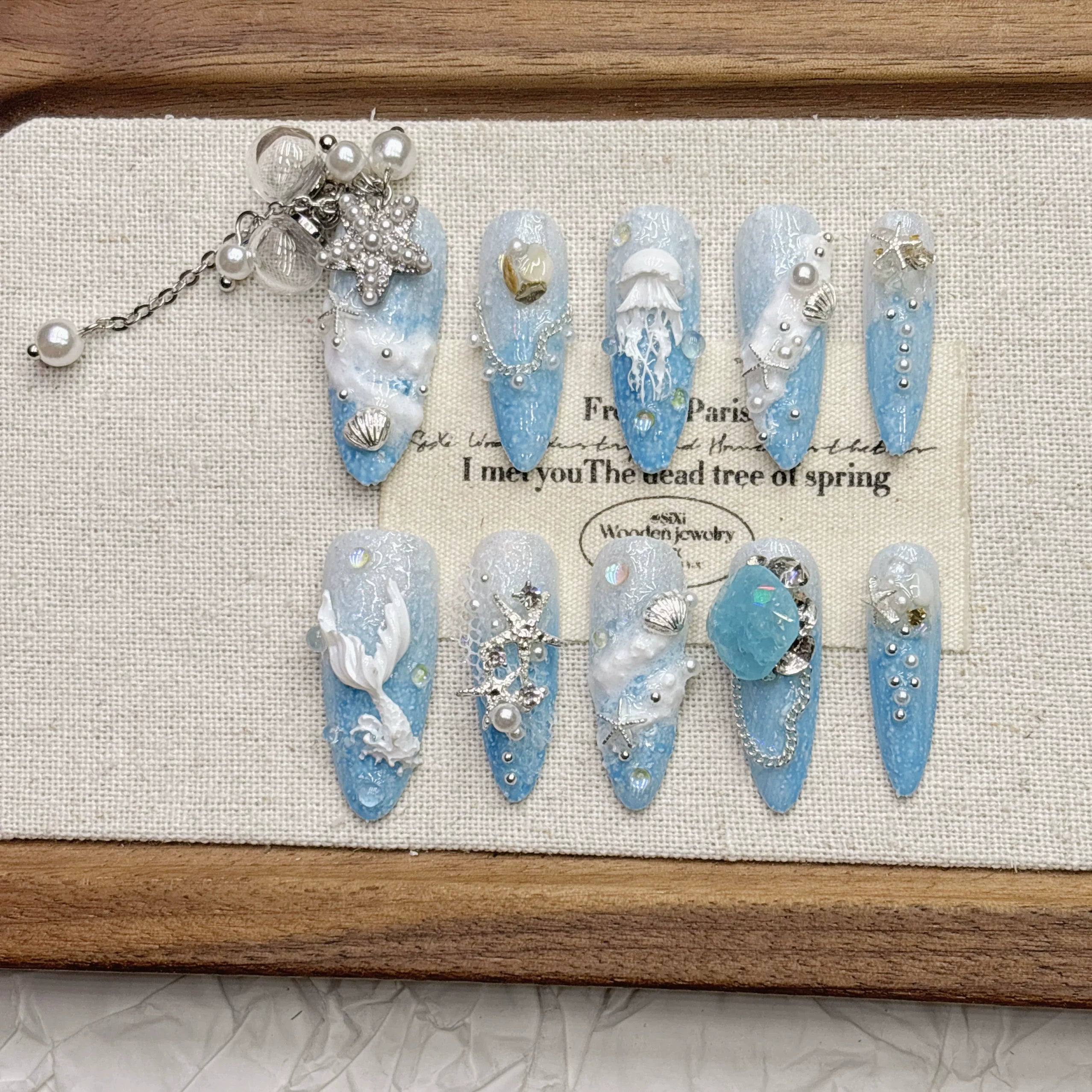 Blue Ocean Tassel Dream Jellyfish Beauty Female Tail Handmade Nail Wear Rich Family Thousand Gold Nail Art Medium and Long