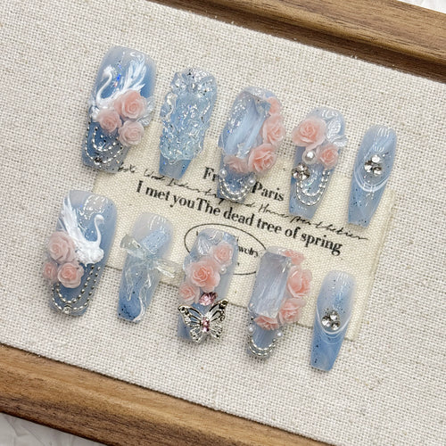Blue swan pure handmade wear nail high sense white manicure 2026 New Year medium and long autumn Internet celebrity explosion