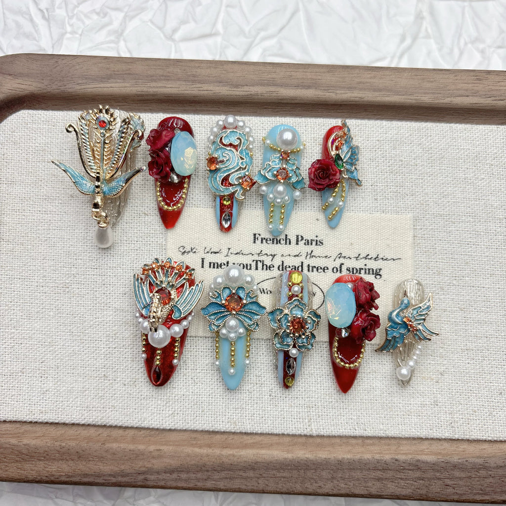 Red Gold Phoenix Bridal Press-On Nails
