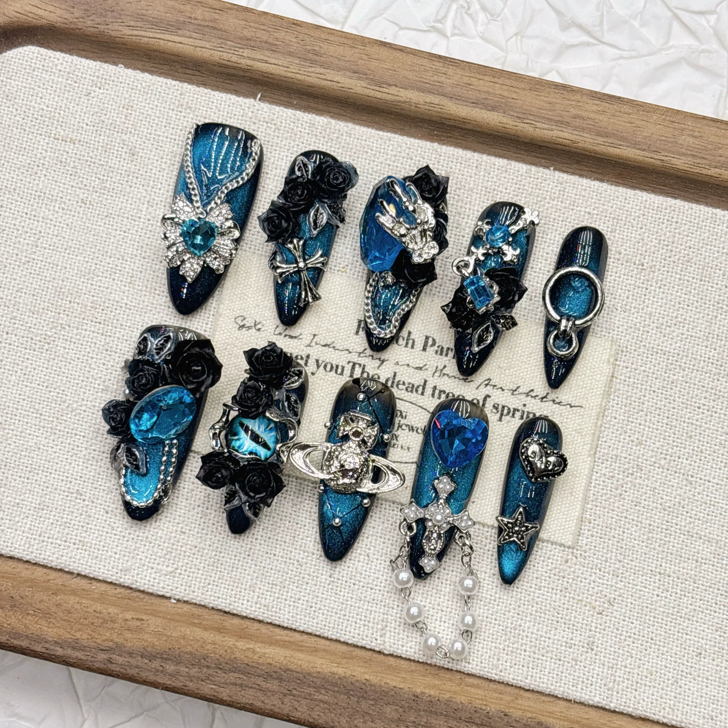 Blue Frozen Tassel Pure Handmade Nail Wear Cat's Eye Full Diamond Nail Art Heavy Industry 2026 New Medium and Long