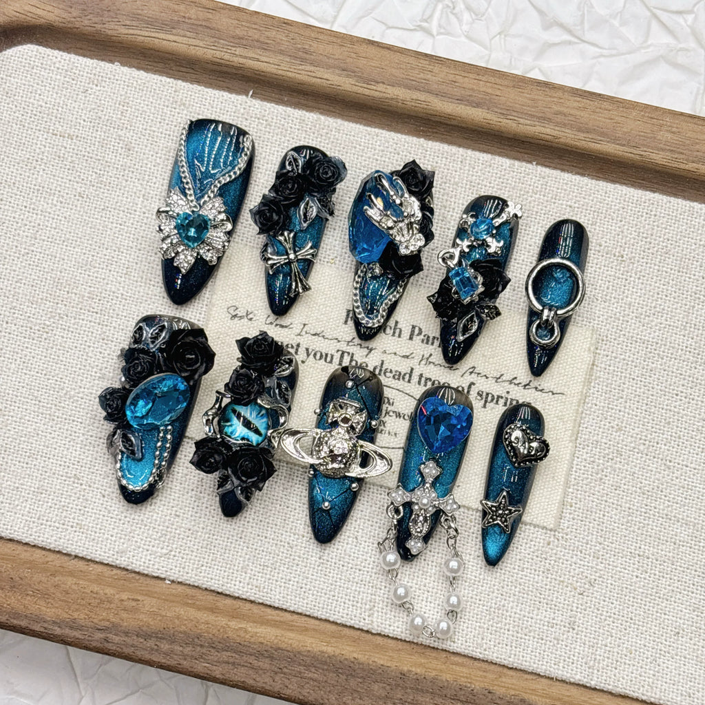 Handmade Ice Blue Cat-Eye Tassel Press-On Nails