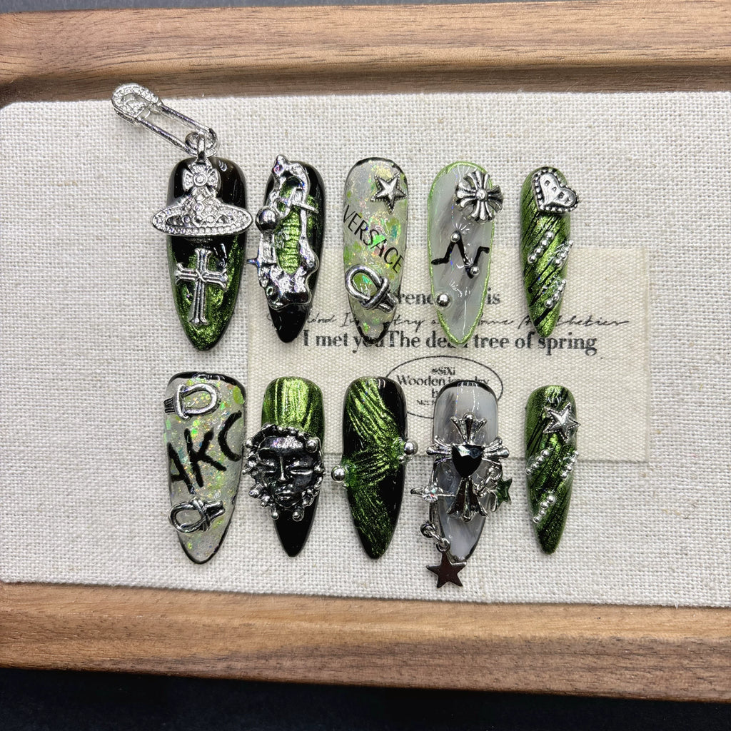 Green Spice Girl Cool Handsome Handmade Nail Wear Advanced White Nail Art European and American Style Fashion 2026 New Year Medium and Long