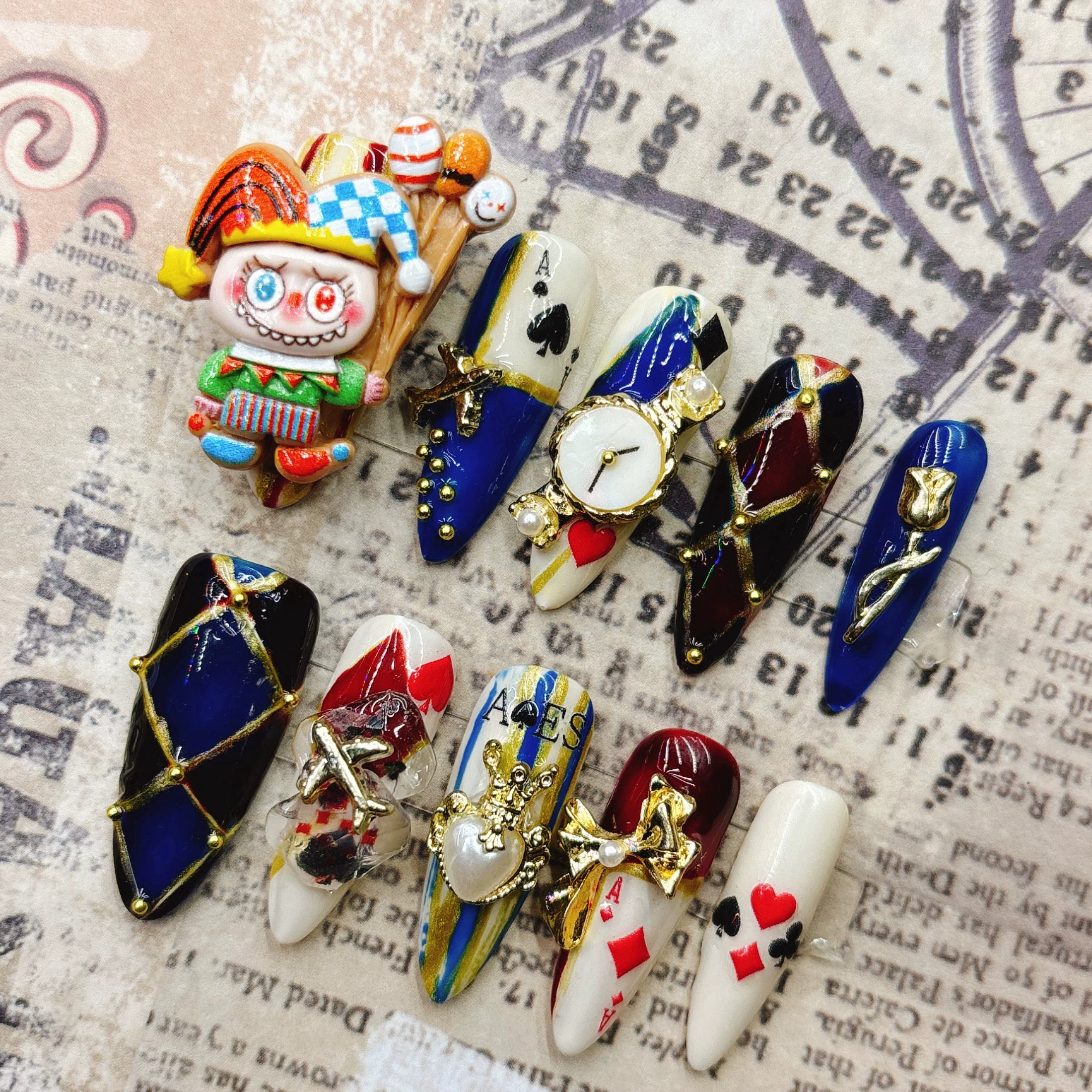 Blue and gold poker drama clown funny pure handmade wearing armor cartoon cute cool handsome European and American 2026 New Year's long models